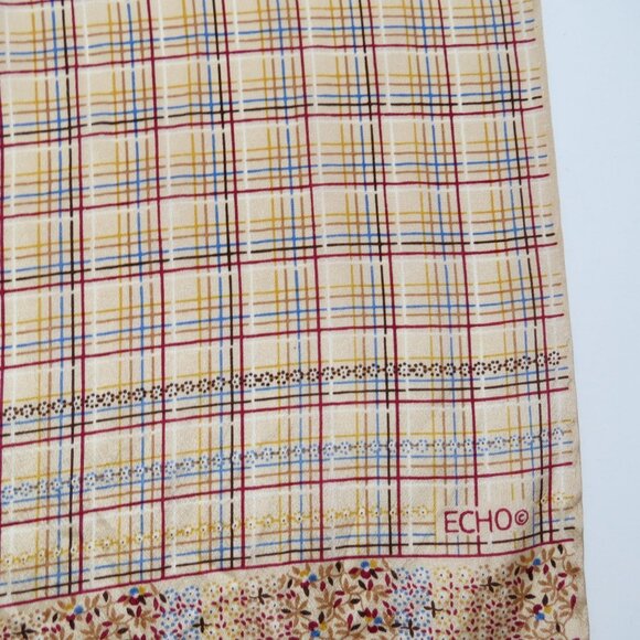 Vintage ECHO Autumnal Long Silk Scarf 57"x9" Muted Plaid Floral Border - Picture 4 of 8